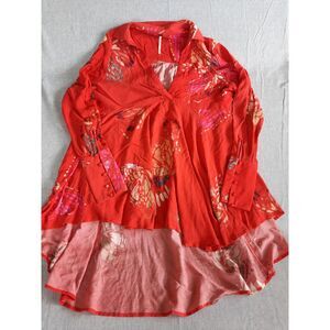 Free People Women's XS Red Button Cuff Long Sleeves V-Neck Collar Babydoll Dress